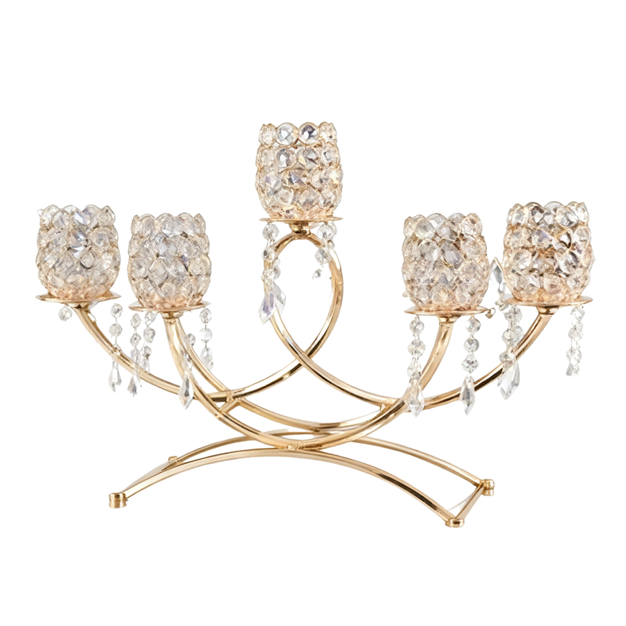 GCP-025-GD-1.png 21" x 16" 5 Arm Crystal Beaded Horizontal Table Standing Candelabra Candle Holder/pc - Image 1