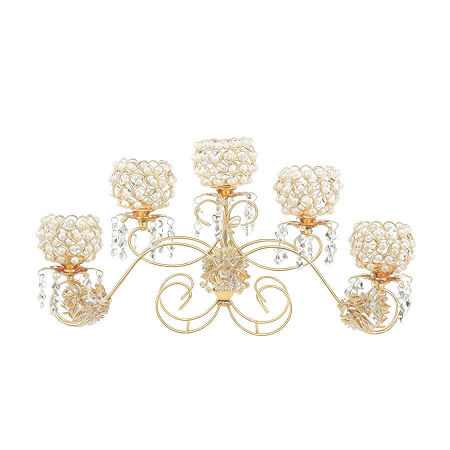 GCP-050-GD-1.png 13.5"H X 24.5"W 5 Arm Beaded Pearl Horizontal Candelabra Candle Holder/pc - Image 1