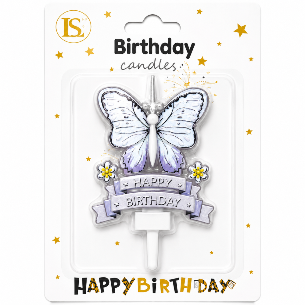 0aabe8cc-efd7-4177-87c1-e97d94d70255 Silver Happy Birthday Butterfly Candle - Image 1