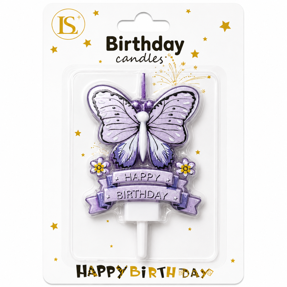 9a871fbc-54cb-459e-8ea1-2ed2379cc5c0 Lavender Happy Birthday Butterfly Candle - Image 1