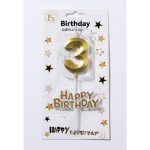 Gold Number #3 Candle w/ Happy Birthday Sign