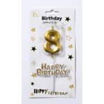 Gold Number #8 Candle w/ Happy Birthday Sign