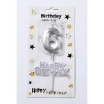 Silver Number #6 Candle w/ Happy Birthday Sign