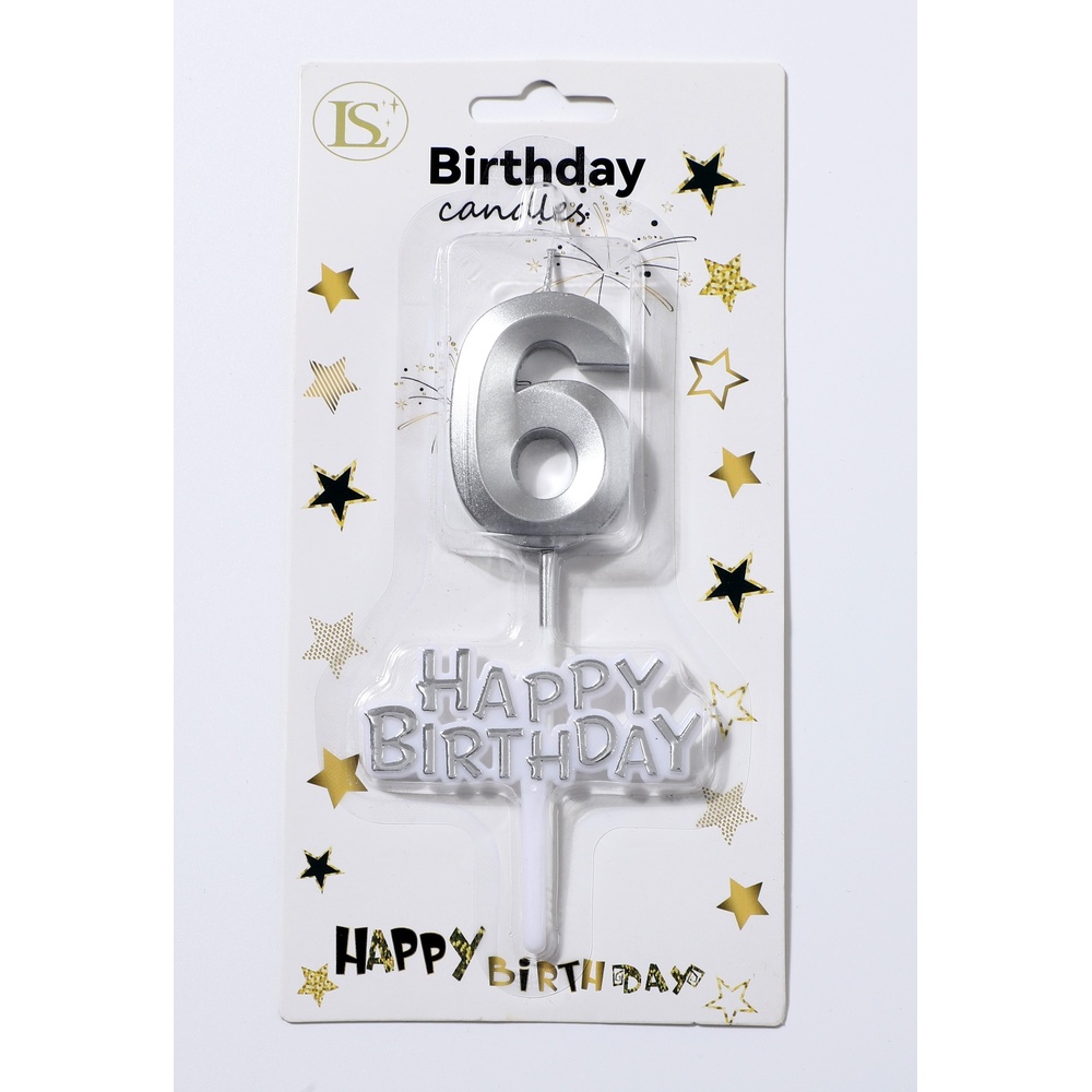 birthday_candle_silver6_happybirthday_1000x1000 Silver Number #6 Candle w/ Happy Birthday Sign - Image 1