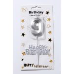 Silver Number #9 Candle w/ Happy Birthday Sign