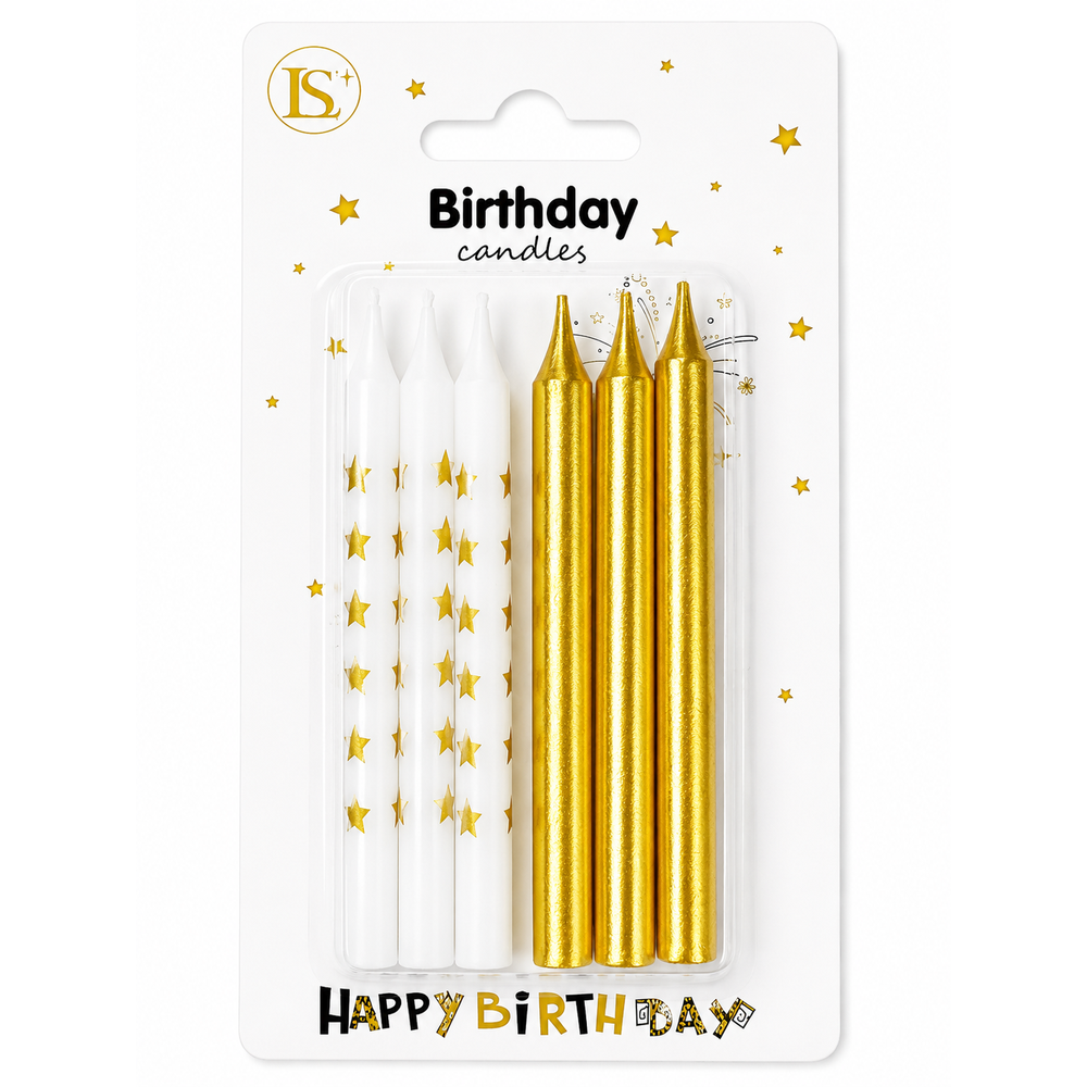 birthday_candles_gold_white_1000x1000 white candles w/ gold stars/metallic gold candles - Image 1