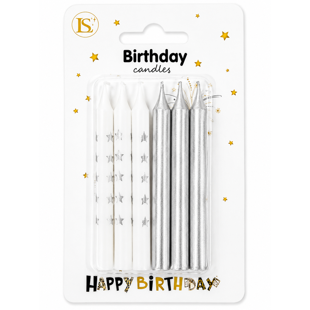 birthday_candles_silver_white_1000x1000 white candles w/ Silver stars/metallic Silver candles - Image 1